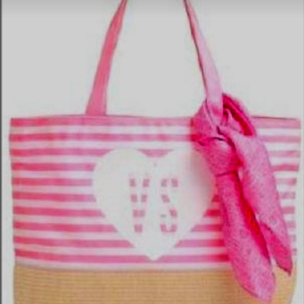 brand new Victoria's secret tote beach bag purse with scarf. pink white.